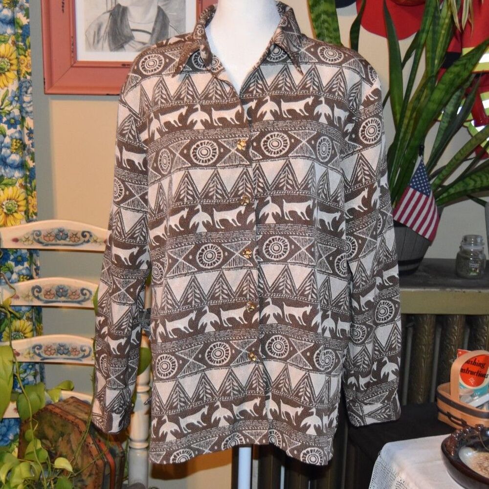 Vintage 70s-80s Tribal Design Blouse Brown Animal Print Thunderbird Size XL